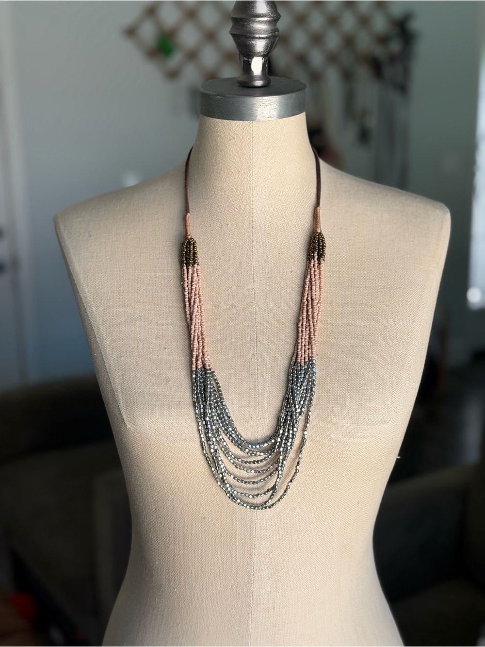 LOFT Multi Strand Mixed Bead Statement Necklace Blush Pink Silver Metallic